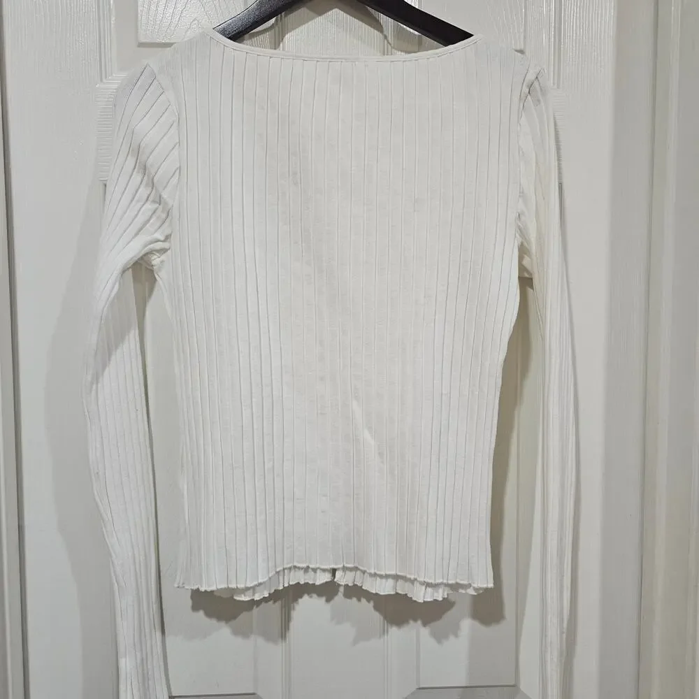 Free People Ribbed Cardigan Cream Button Front Stretch Size L - Picture 3 of 7